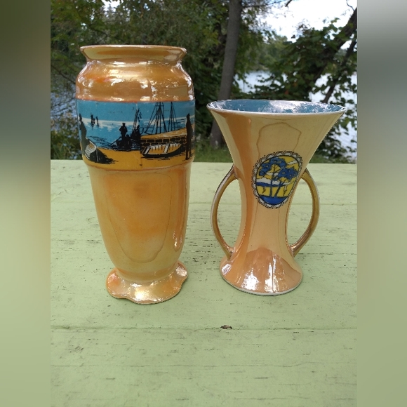 Two Orange Lustreware Vases, Noritake, Lancaster & Sons, Fishermen, Hanley UK - Picture 1 of 11